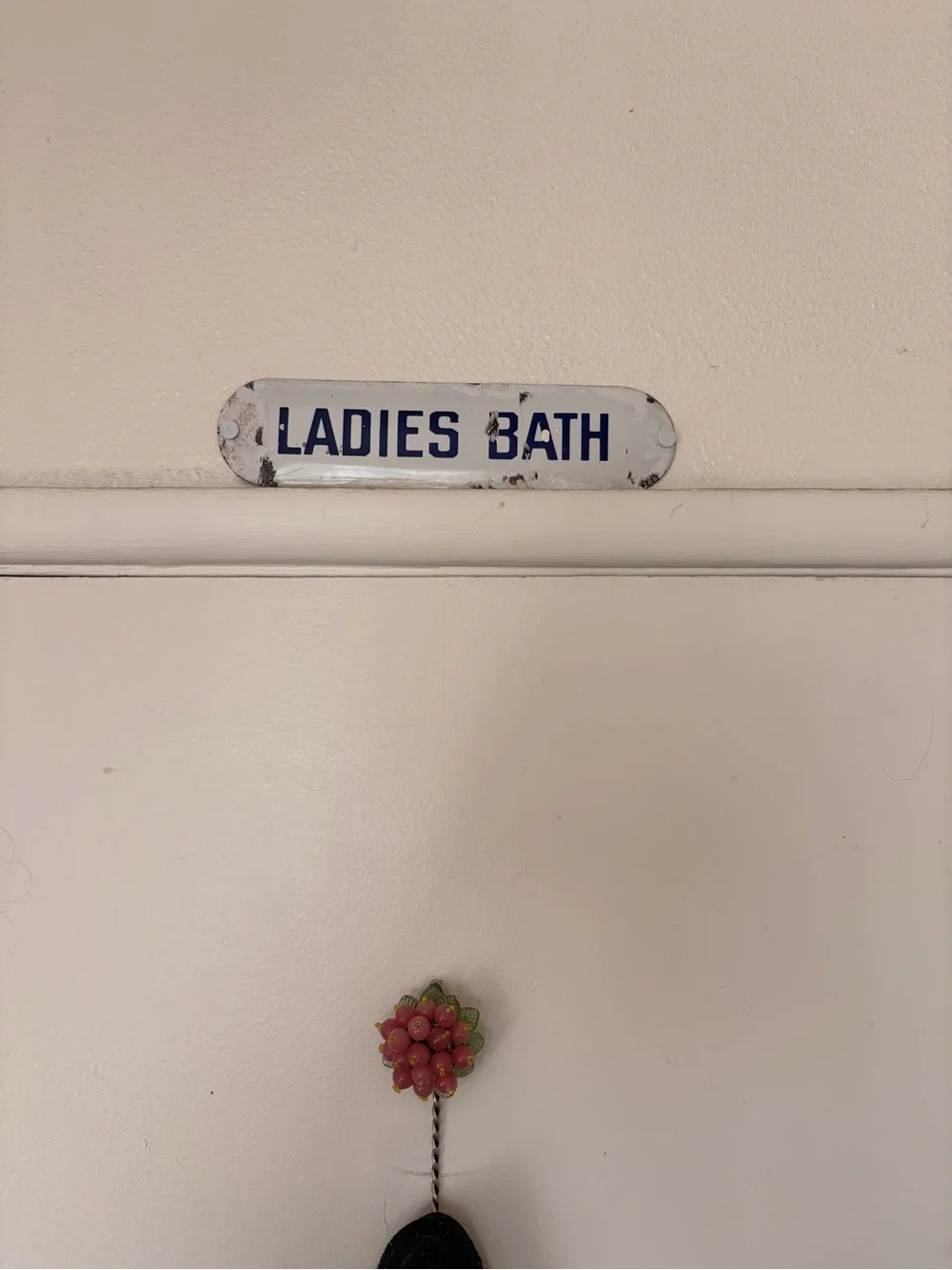 Antique metal Ladies Bath Sign — White with Blue Lettering